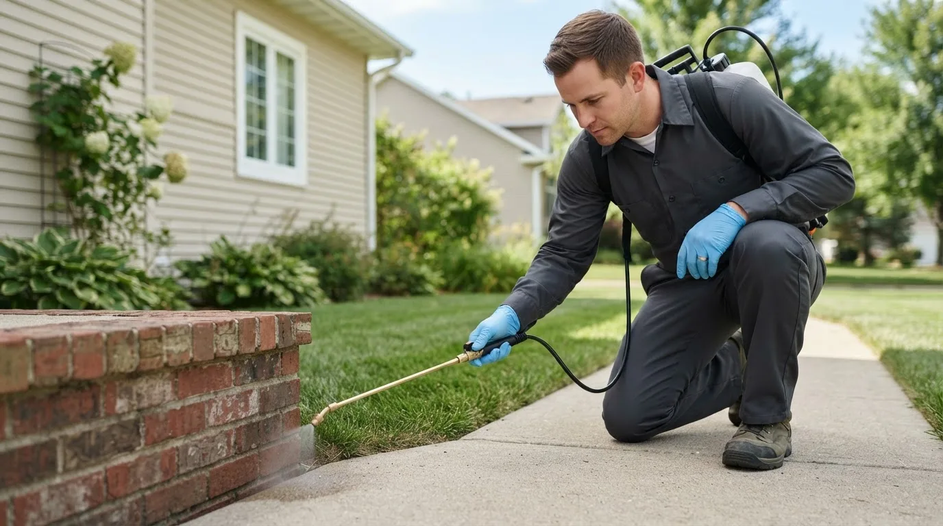Pest control technician treating a home near Gilmore City, IA