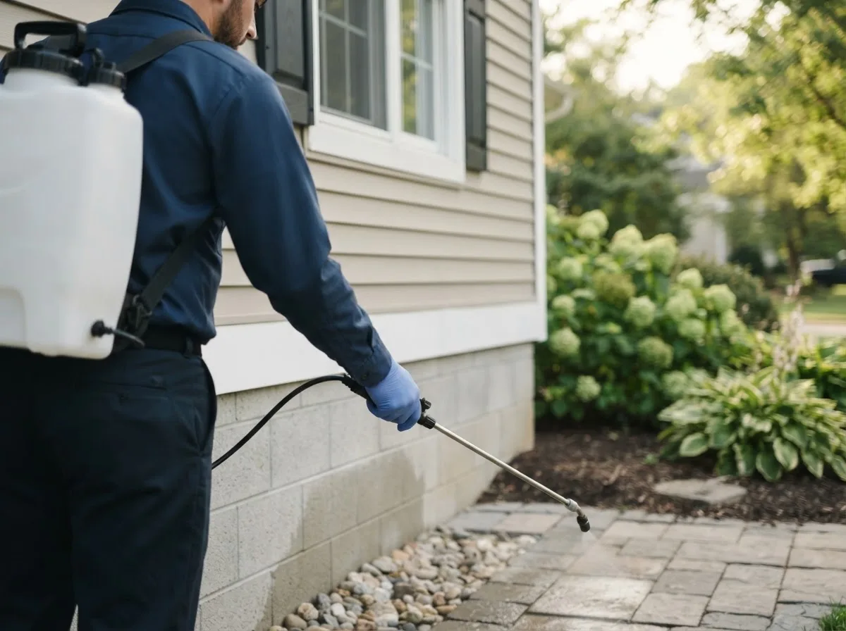 Pest control technician inspecting a home in Gilmore City, IA